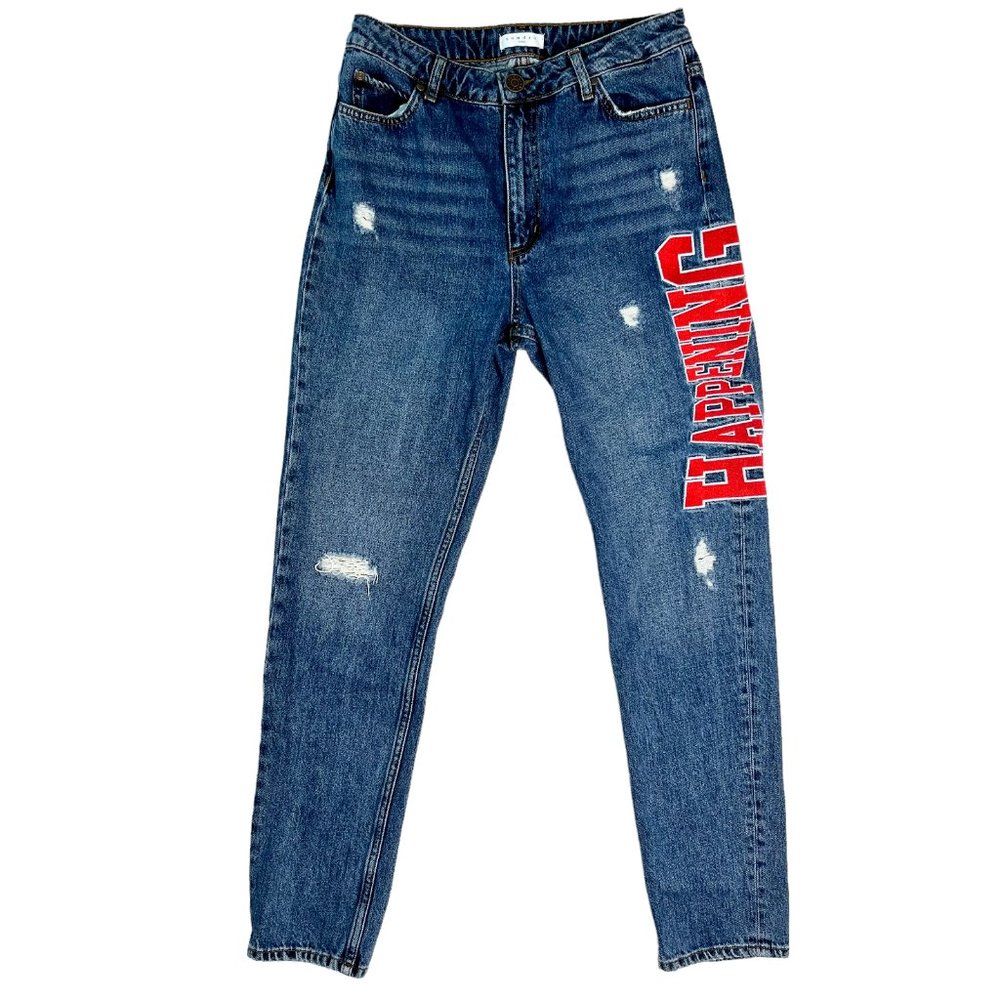 Sandro Jeans Embroidered Distressed Straight Slim Fit Medium Wash